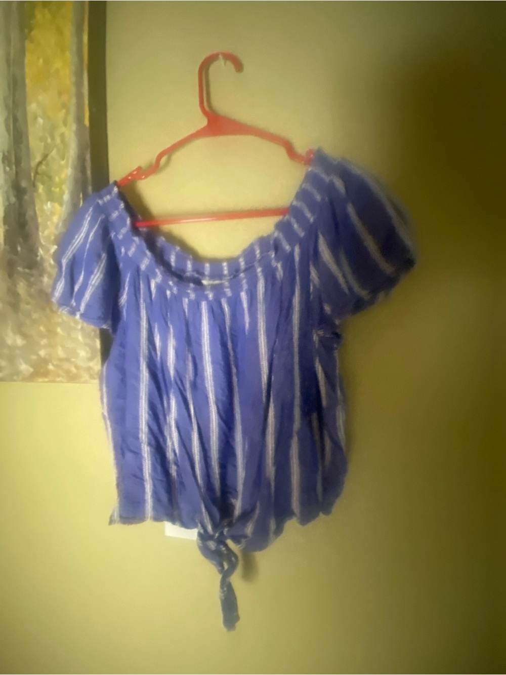 Arizona Jean Company Off-Shoulder Blue & White Stripe Tie-Front Top